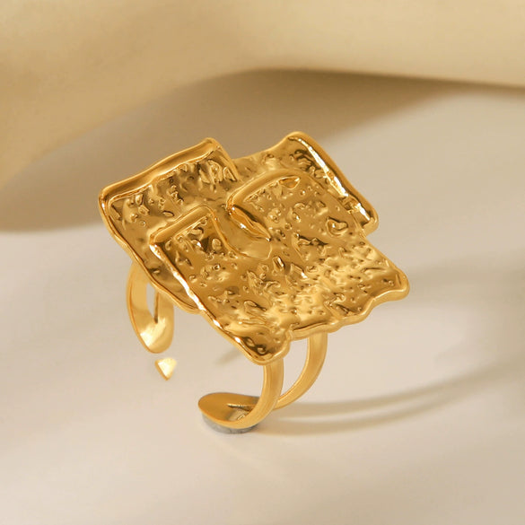 Women's Stainless Steel Open Ring With Geometric Hammer Pattern And Electroplating Treatment