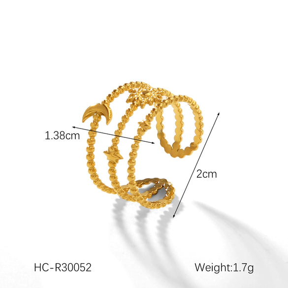 Women's Stainless Steel Open Ring With Geometric Star And Moon Design Electroplated Gold Fashion Ring