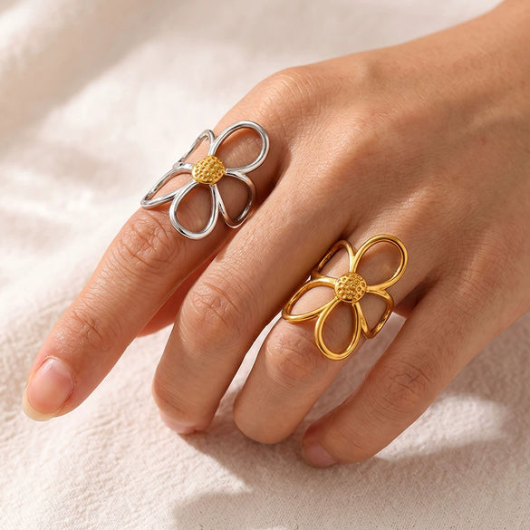 Women's Stainless Steel Open Ring With Hollow Floral Geometric Design 18K Gold Plated Electroplated Minimalist Fashion Jewelry
