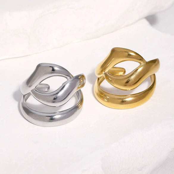 Women's Stainless Steel Open Ring With Irregular Hollow Geometric Shape Minimalist Asymmetrical Electroplated Design