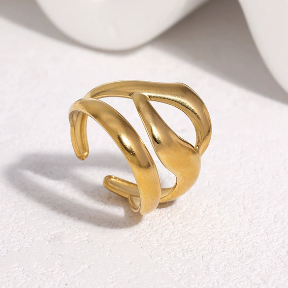 Women's Stainless Steel Open Ring With Irregular Hollow Geometric Shape Minimalist Asymmetrical Electroplated Design