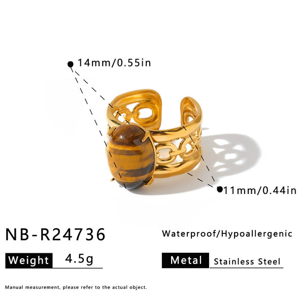 Women's Stainless Steel Open Ring With Natural Stone Geometric Minimalist Design And 18K Vacuum Plated Non Fading Finish