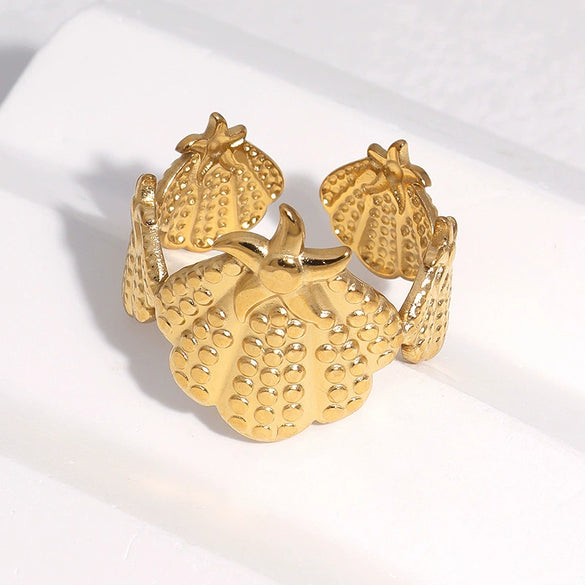 Women's Stainless Steel Open Ring With Shell And Starfish Design Gold Electroplated Natural Minimalist Ocean Style Jewelry