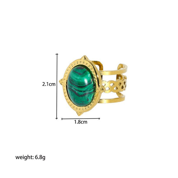 Women's Stainless Steel Oval Open Ring With Turquoise Natural Stone Geometric Pattern Pvdp Furnace Real Gold Process