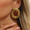 Women’s Stainless Steel Oval Stud Earrings With Geometric Ombre Resin Gemstones And Electroplated Finish Retro Statement Jewelry