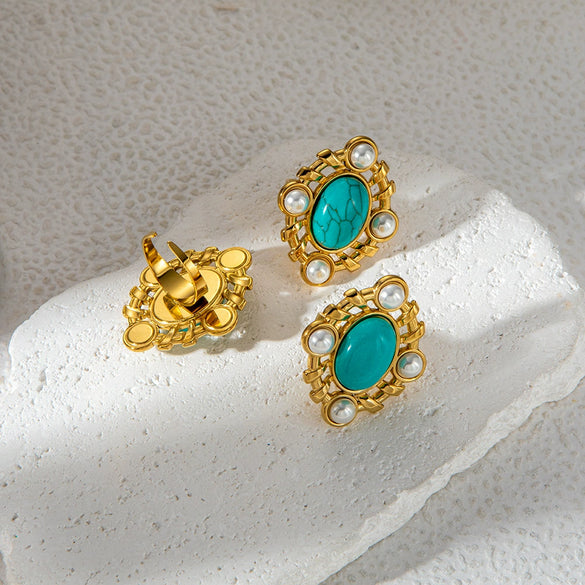 Women's Stainless Steel Pearl Blue Turquoise Open Ring Jewelry With Personality Style And Electroplating Process