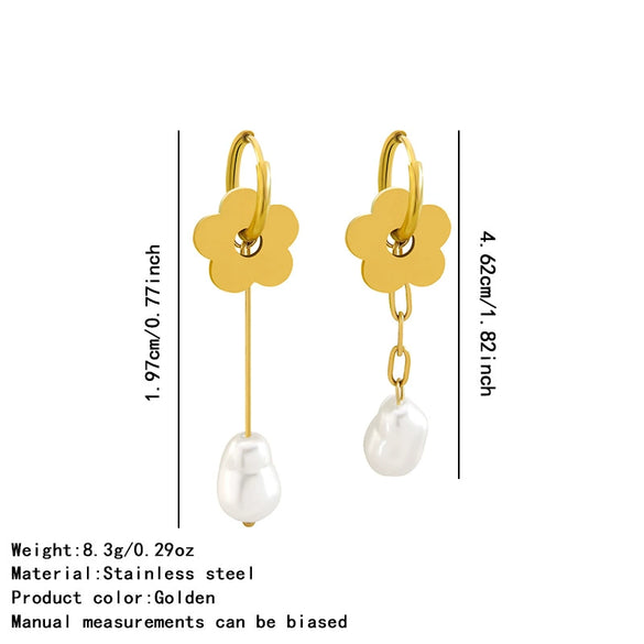 Women's Stainless Steel Pearl Bow Drop Earrings With Geometric Flower Tassel Design Electroplated Delicate Pendant Earrings