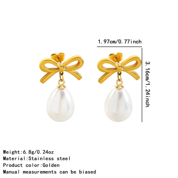 Women's Stainless Steel Pearl Bow Drop Earrings With Geometric Flower Tassel Design Electroplated Delicate Pendant Earrings