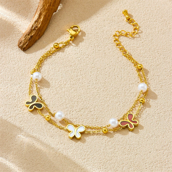 Women's Stainless Steel Pearl Bow Goldplated Butterfly Jewelry Bracelet
