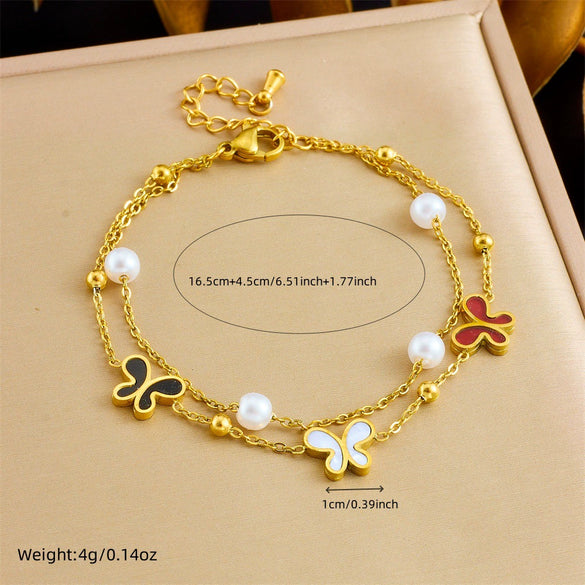 Women's Stainless Steel Pearl Bow Goldplated Butterfly Jewelry Bracelet