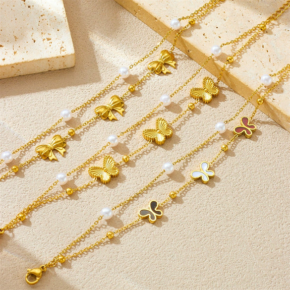 Women's Stainless Steel Pearl Bow Goldplated Butterfly Jewelry Bracelet