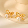 Women's Stainless Steel Pearl Earrings Pendant With Bow And Geometric Pattern Electroplated