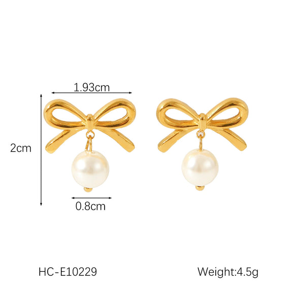 Women's Stainless Steel Pearl Earrings Pendant With Bow And Geometric Pattern Electroplated