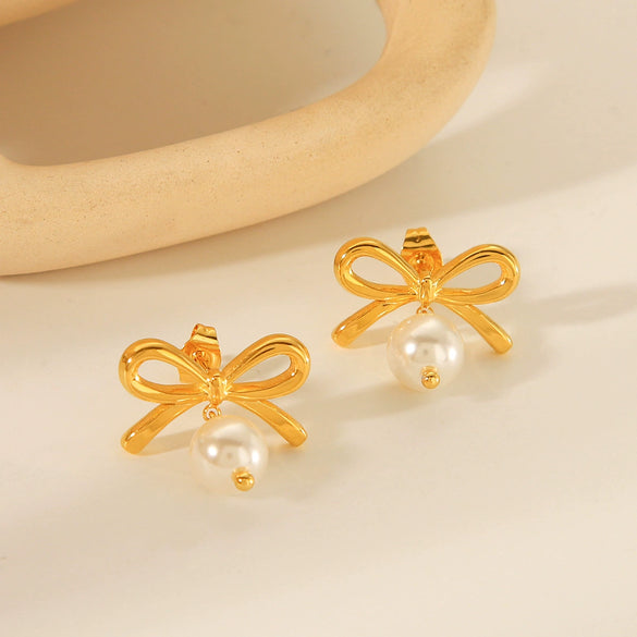 Women's Stainless Steel Pearl Earrings Pendant With Bow And Geometric Pattern Electroplated