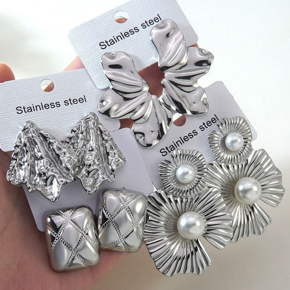 Women's Stainless Steel Pearl Floral Geometric Irregular Earrings With Electroplated Finish Stylish Versatile Western Style Jewelry