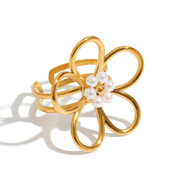 Women's Stainless Steel Pearl Geometric Ring Jewelry With Electroplating And Minimalist Design