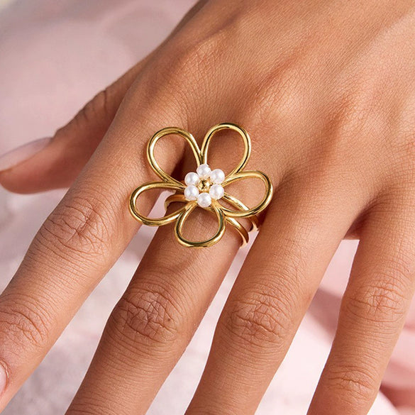 Women's Stainless Steel Pearl Geometric Ring With Electroplating And Minimalist Design