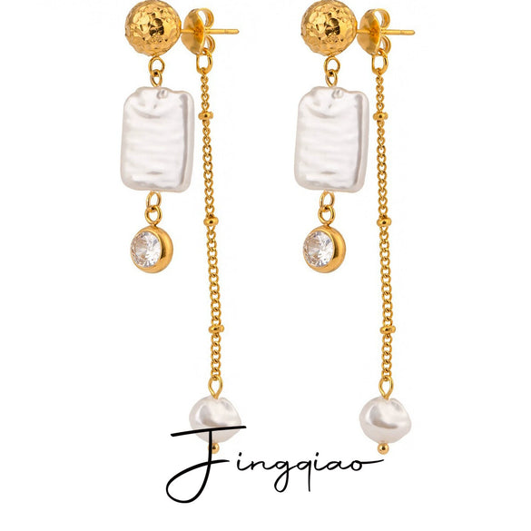 Women's Stainless Steel Pearl Hammer Ball Round White Zirconium Geometric Electroplated Earrings
