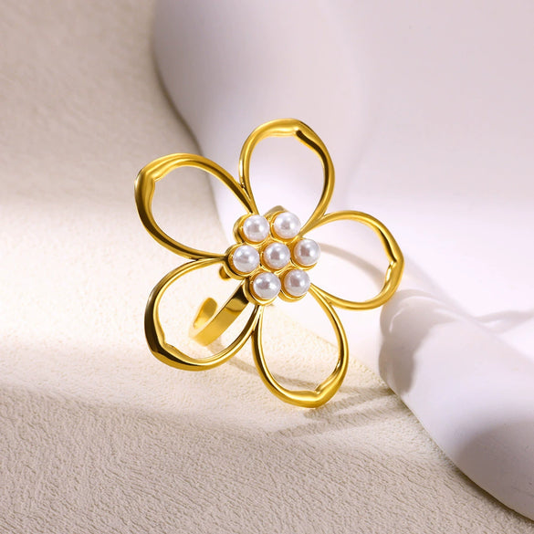 Women's Stainless Steel Pearl Open Ring With Hollow Big Flower Pattern And Exaggerated Retro Design Electroplated