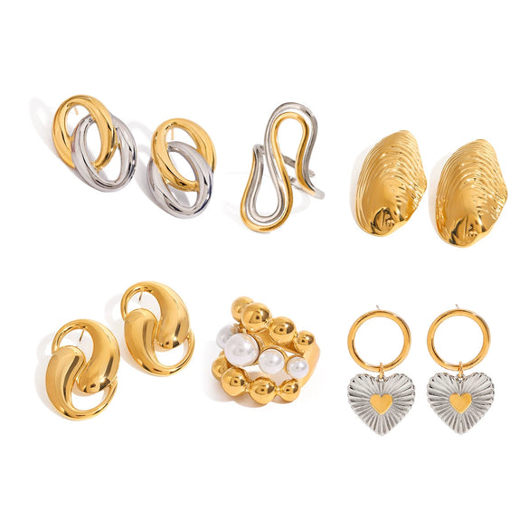 Women's Stainless Steel Pearl Ring And Earrings With Love Water Drops Bell Pattern Electroplating Light Luxury Jewelry