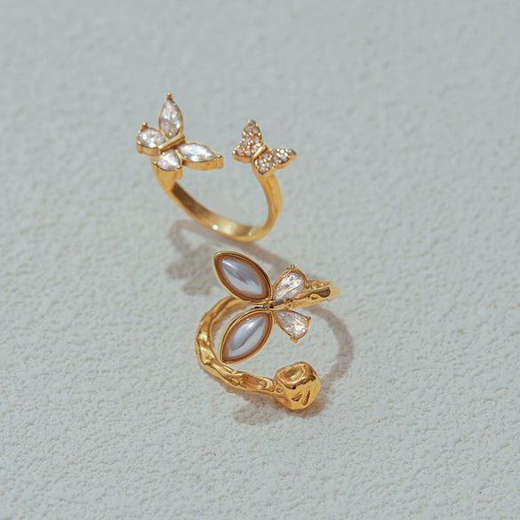 Women's Stainless Steel Pearl Ring With Bow And Butterfly Design Electroplated