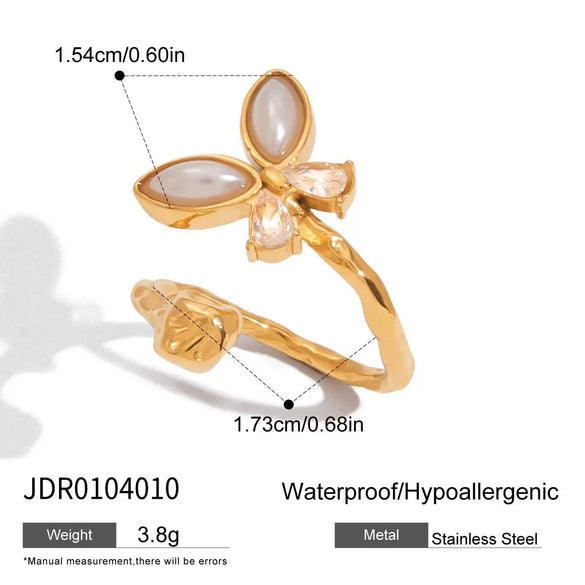 Women's Stainless Steel Pearl Ring With Bow And Butterfly Design Electroplated