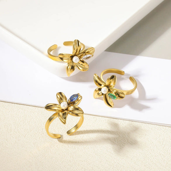 Women's Stainless Steel Pearl Zircon Geometric Exaggerated Open Flower Ring Electroplated
