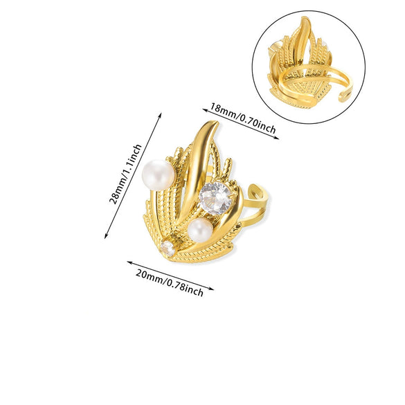 Women's Stainless Steel Pearl Zircon Geometric Exaggerated Open Flower Ring Electroplated