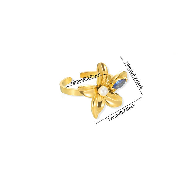 Women's Stainless Steel Pearl Zircon Geometric Exaggerated Open Flower Ring Electroplated