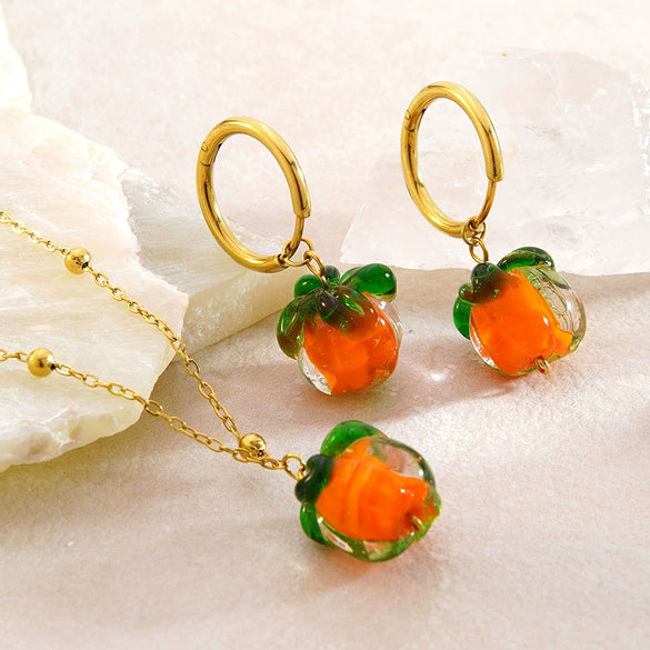 Women's Stainless Steel Pumpkin Pendant Necklace And Earrings Jewelry Set Sweet Simple Fruit Style Electroplated O Chain Accessory Set