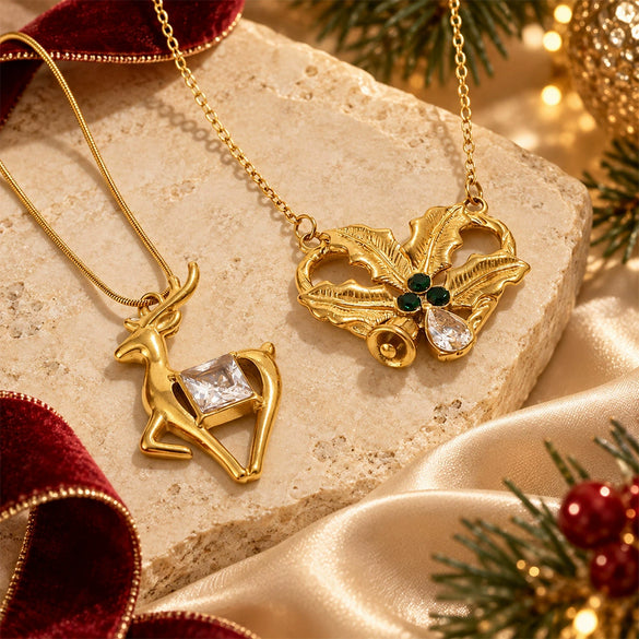 Women's Stainless Steel Reindeer Heart Pendant Necklace With Pvd Vacuum Gold Plating And Lobster Clasp Gift Box