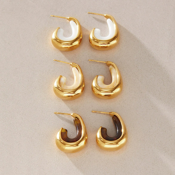 Women's Stainless Steel Resin Cshaped Hoop Earrings With Geometric Design And Electroplated Finish