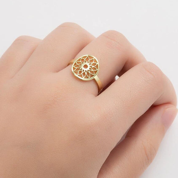 Women's Stainless Steel Retro Mandala Floral Geometric Open Ring With Electroplated Finish
