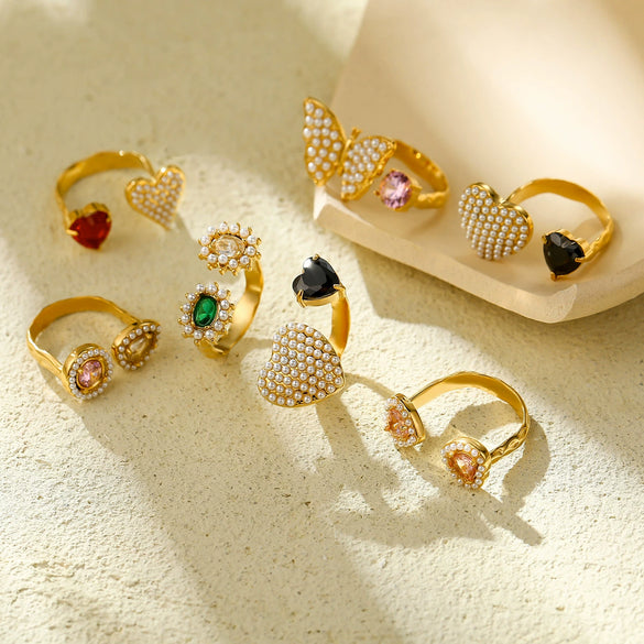 Women's Stainless Steel Ring Light Luxury Opening Adjustable Heart Shape Doublelayer Diamond Inlaid Zircon Electroplated