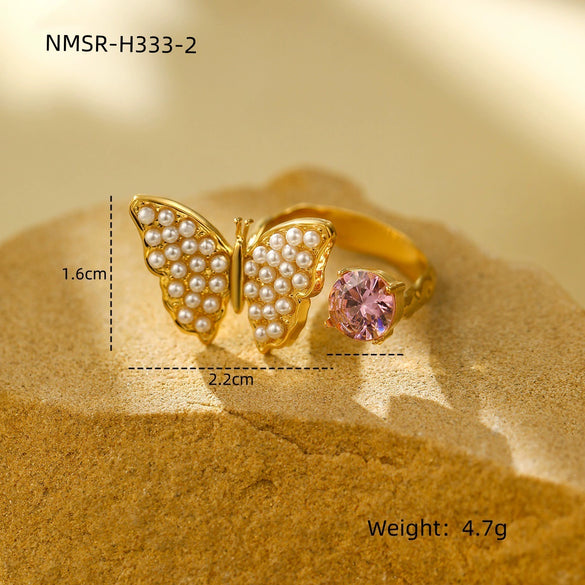 Women's Stainless Steel Ring Light Luxury Opening Adjustable Heart Shape Doublelayer Diamond Inlaid Zircon Electroplated