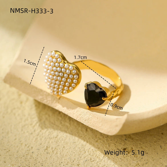 Women's Stainless Steel Ring Light Luxury Opening Adjustable Heart Shape Doublelayer Diamond Inlaid Zircon Electroplated