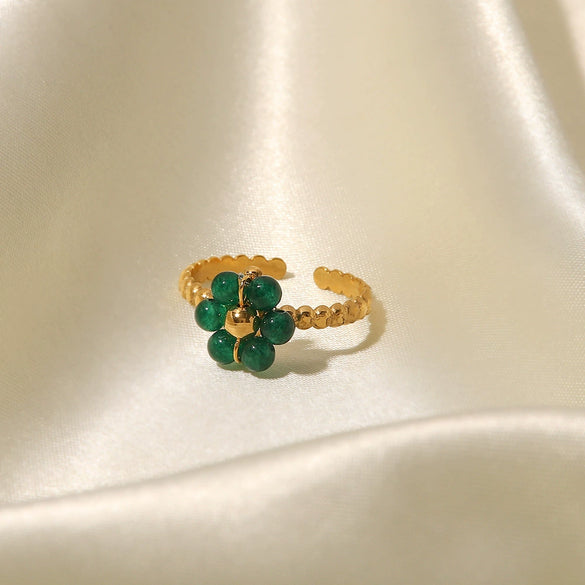Women's Stainless Steel Ring Set With Precious Stones Geometric Sunflower Green Natural Stone Adjustable