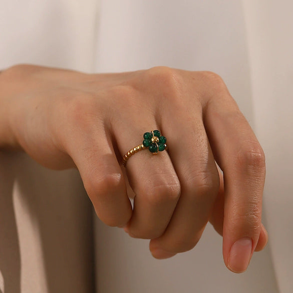Women's Stainless Steel Ring Set With Precious Stones Geometric Sunflower Green Natural Stone Adjustable