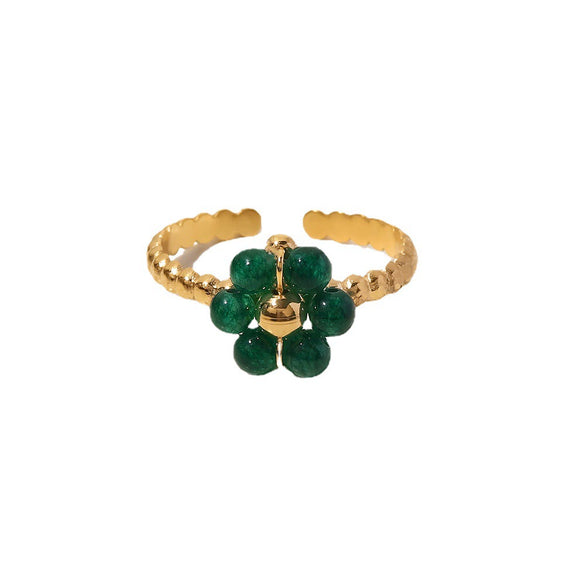 Women's Stainless Steel Ring Set With Precious Stones Geometric Sunflower Green Natural Stone Adjustable