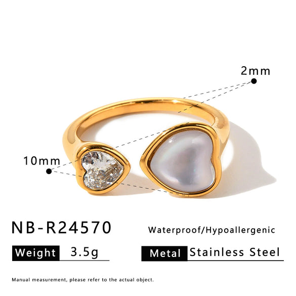 Women's Stainless Steel Ring With Cat's Eye Stone Heart Design Zircon Inlay And 18K Vacuum Electroplated Finish