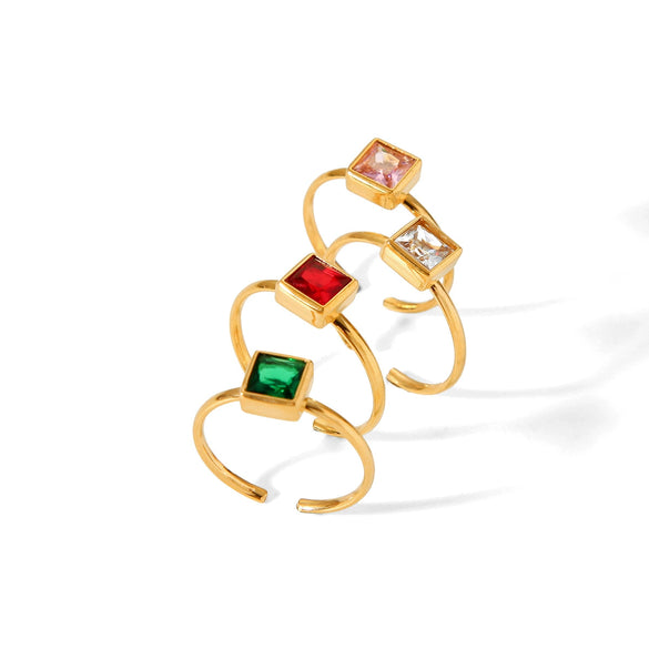 Women's Stainless Steel Ring With Geometric Pattern Inlaid Square Zircon 18K Gold Plated