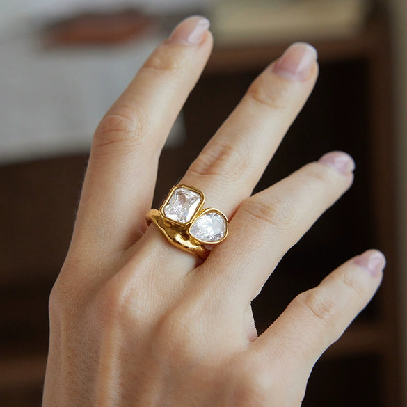 Women's Stainless Steel Ring With Irregular Hammered Texture And Geometric Design Pvd Vacuum Gold Plated Hypoallergenic Jewelry