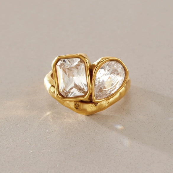 Women's Stainless Steel Ring With Irregular Hammered Texture And Geometric Design Pvd Vacuum Gold Plated Hypoallergenic Jewelry