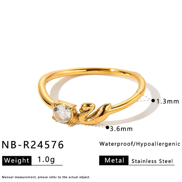 Women's Stainless Steel Ring With Zircon Inlaid Heart Geometric Floral Wave Design And Vacuum Plated Finish
