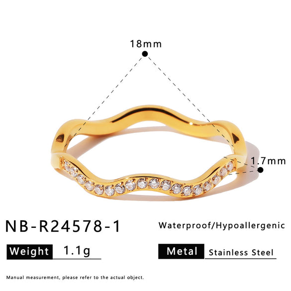 Women's Stainless Steel Ring With Zircon Inlaid Heart Geometric Floral Wave Design And Vacuum Plated Finish