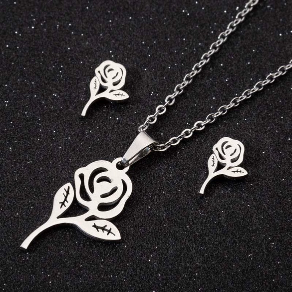 Women's Stainless Steel Rose Flower Necklace And Earrings Jewelry Set With Electroplated Finish Wholesale Fashion Accessory Set