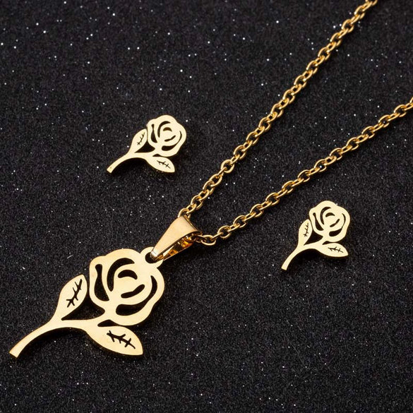 Women's Stainless Steel Rose Flower Necklace And Earrings Jewelry Set With Electroplated Finish Wholesale Fashion Accessory Set