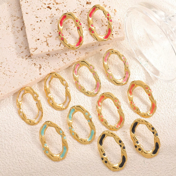 Women's Stainless Steel Round Geometric Stud Earrings With Enamel Lava Texture Vintage Minimalist Fashion Jewelry Wholesale