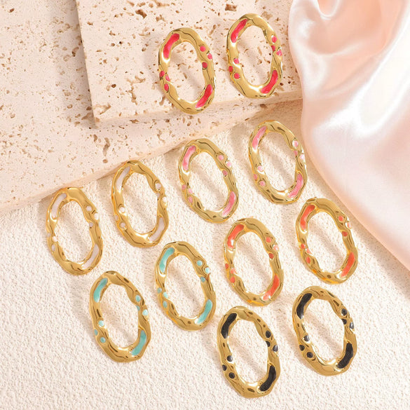 Women's Stainless Steel Round Geometric Stud Earrings With Enamel Lava Texture Vintage Minimalist Fashion Jewelry Wholesale
