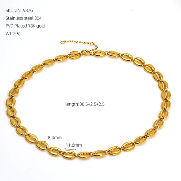 Women's Stainless Steel Shell Pendant Necklace With Geometric Design And Cuban Chain Gold Tone Electroplated Fashion Jewelry